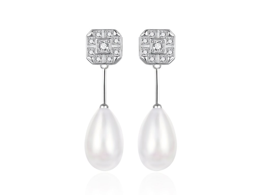 Elegantní visací náušnice se zirkony a perlou AGT-E095PW-P